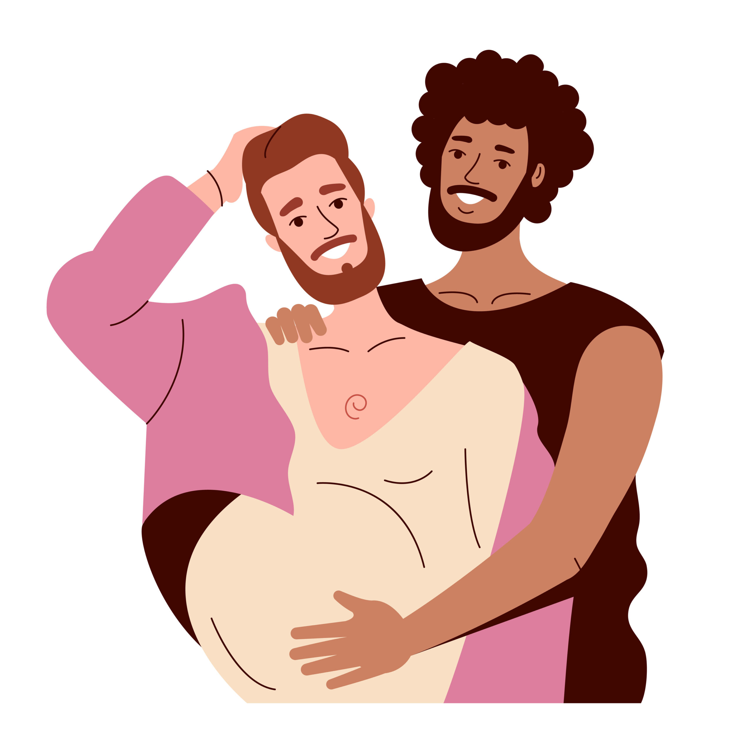 two gay men of different races hug. the dark guy smiles. Pregnant transgender queer man, pink hair