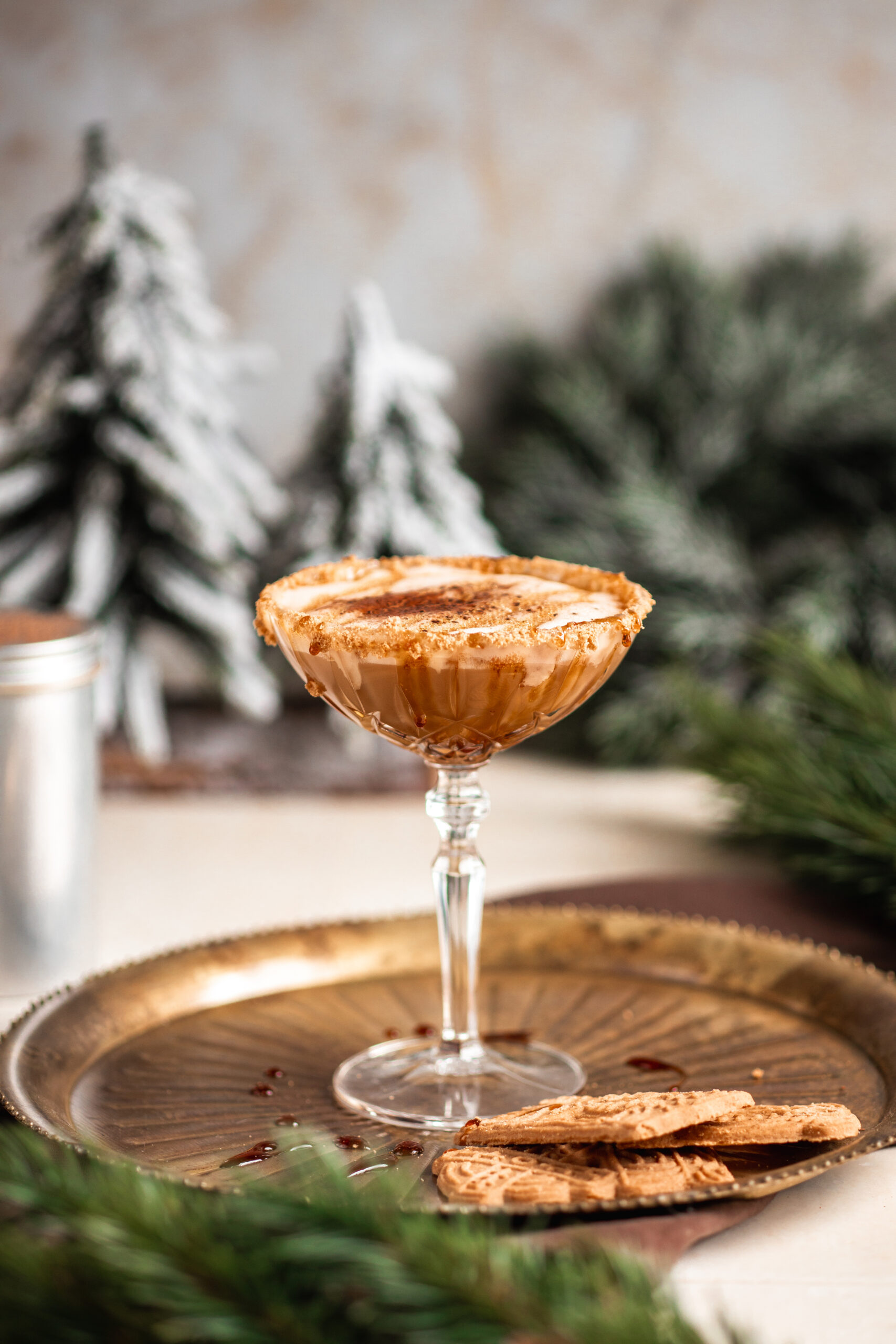 Christmas Cocktail Drink Caramel White Russian Espresso Martini with Cinnamon cream in winter scene