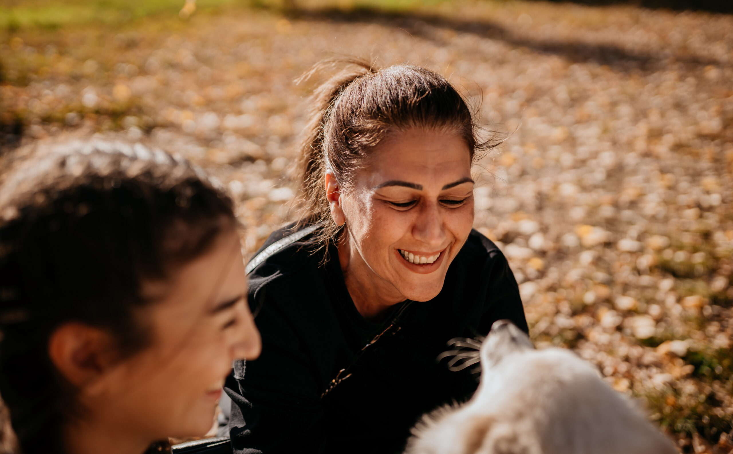 Family Walking Dog in autumn park