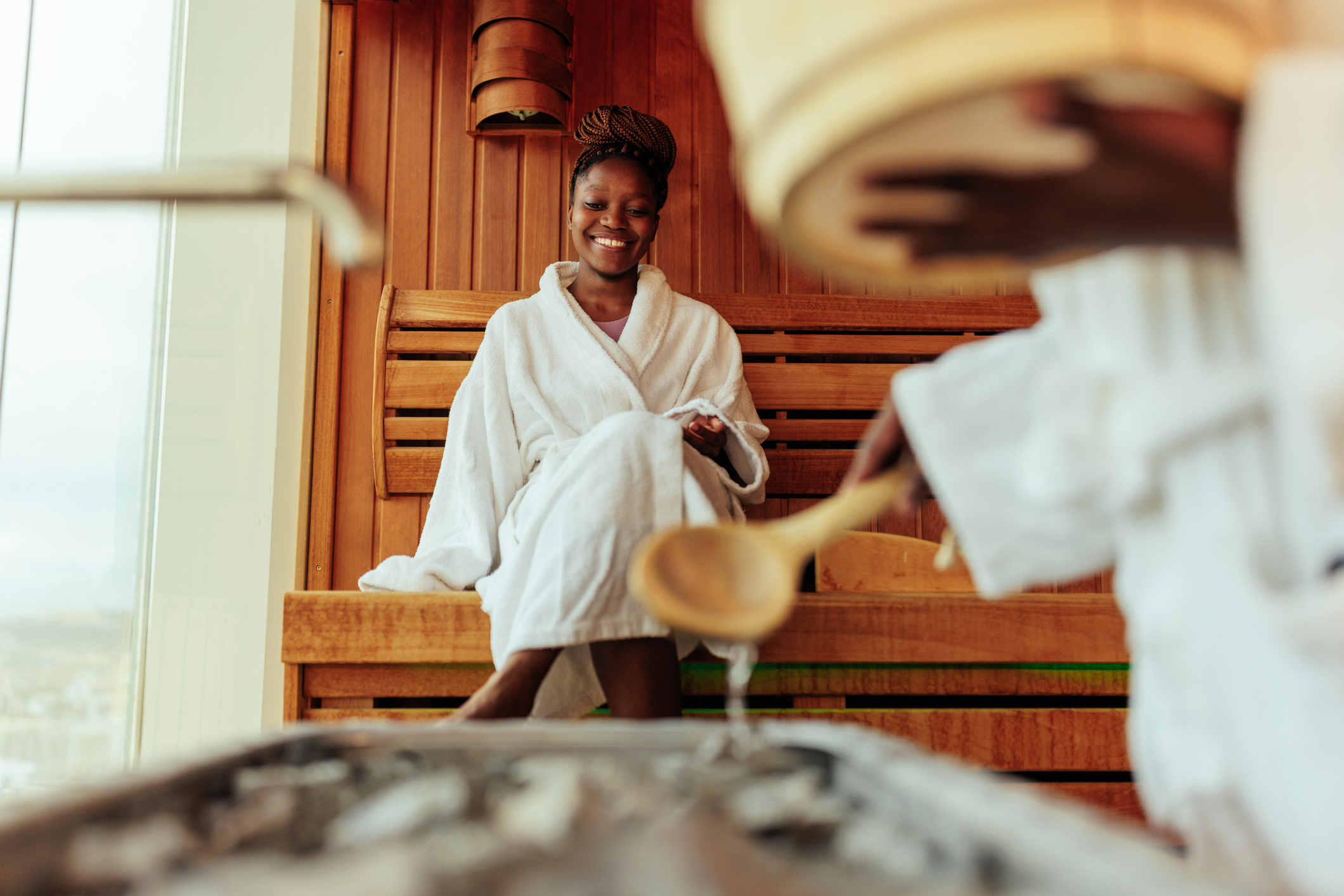 Wealthy couple in sauna.