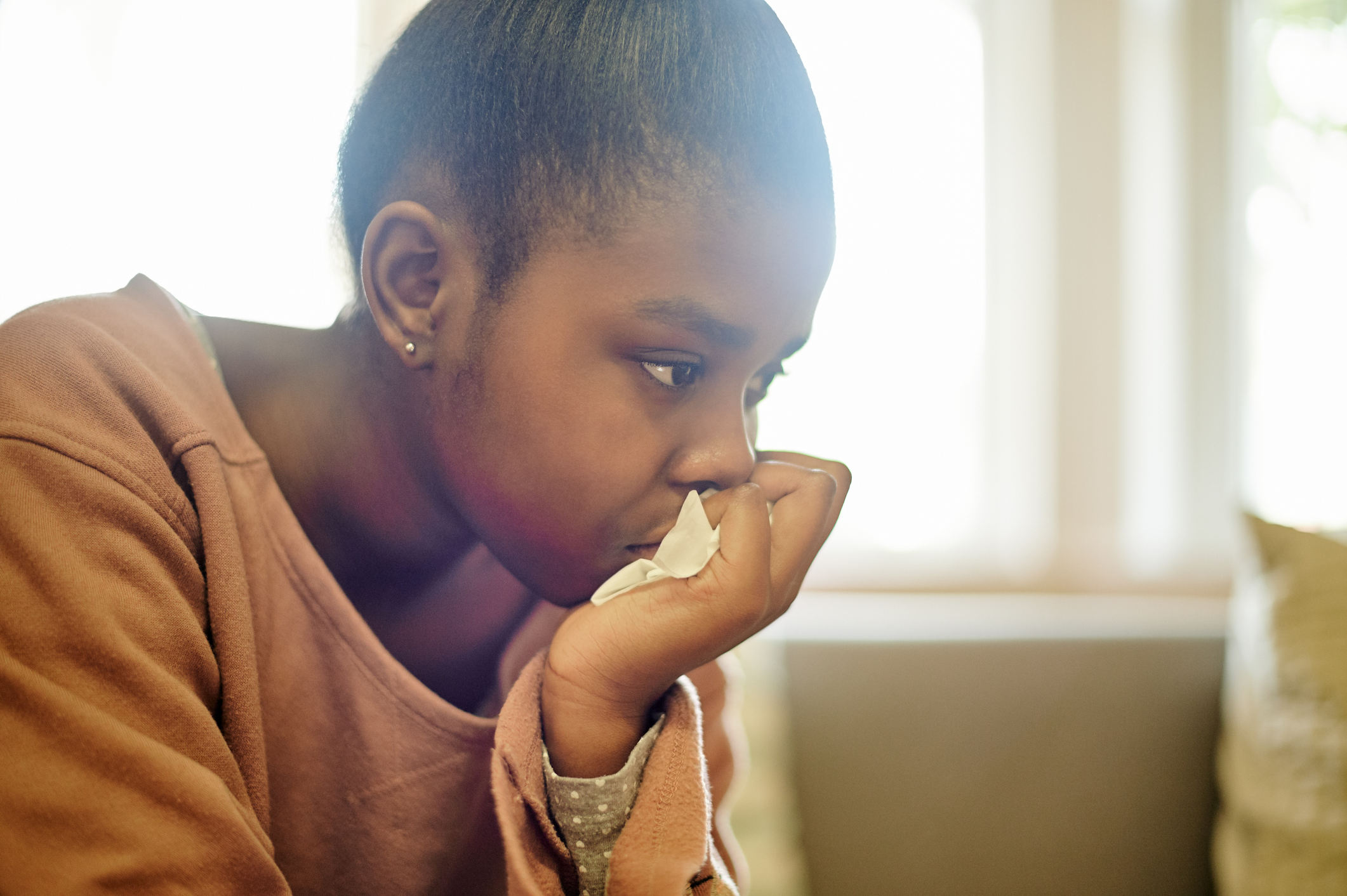 Black girl, teenager and depression with stress, sad adolescent with mental health and trauma counselling. Psychology therapy, anxiety and depressed female teen thinking of problem or unhappy crisis