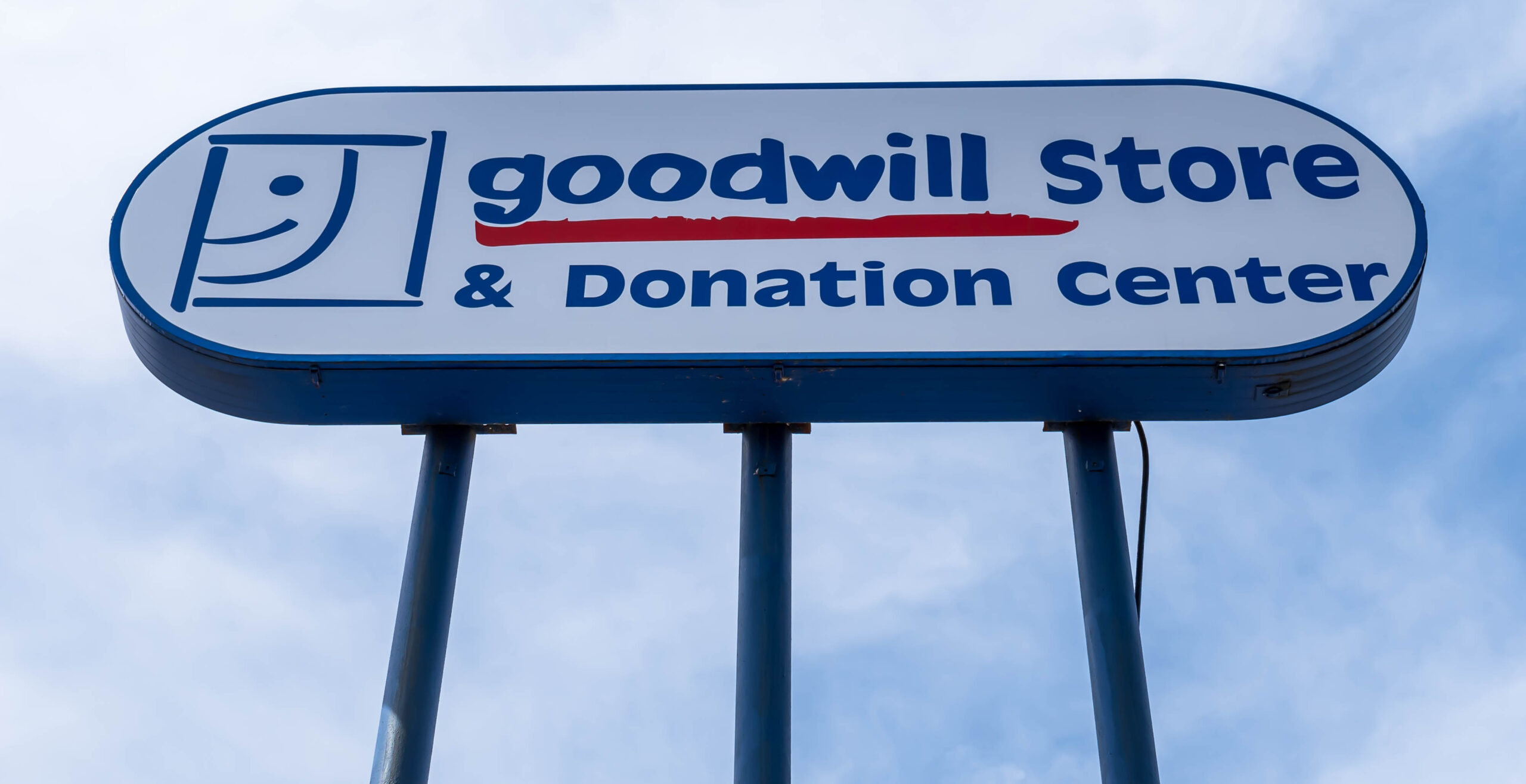 A sign for a Goodwill store in Warren, Pennsylvania, USA