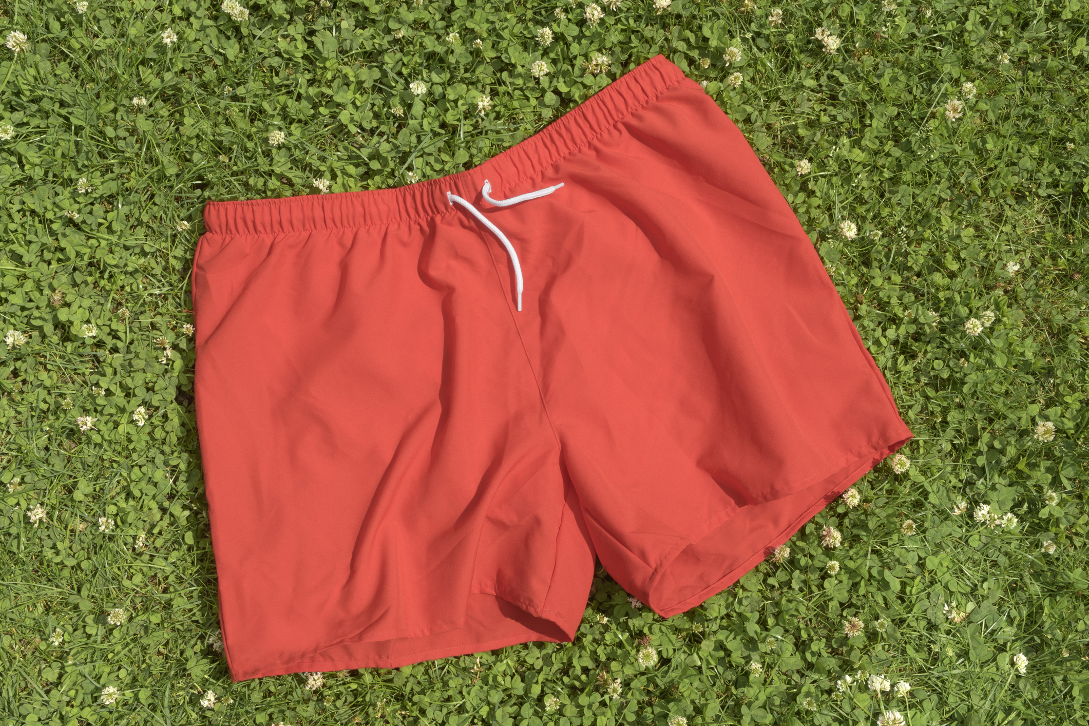 Red men's swimming boxer pants on the grass. no people