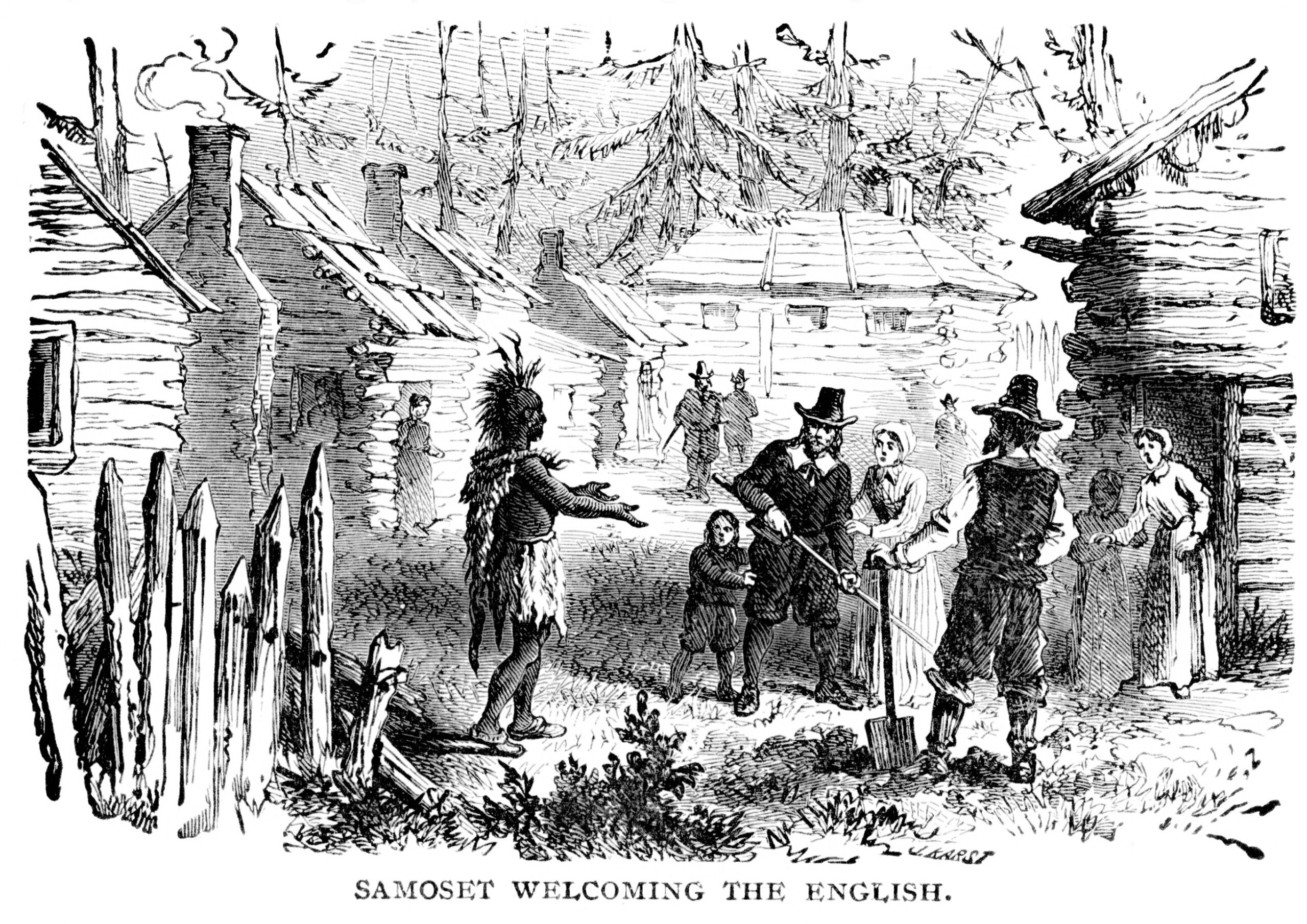 Samoset Greets Pilgrims of Plymouth Colony, Massachusetts, 17th Century Colonial America