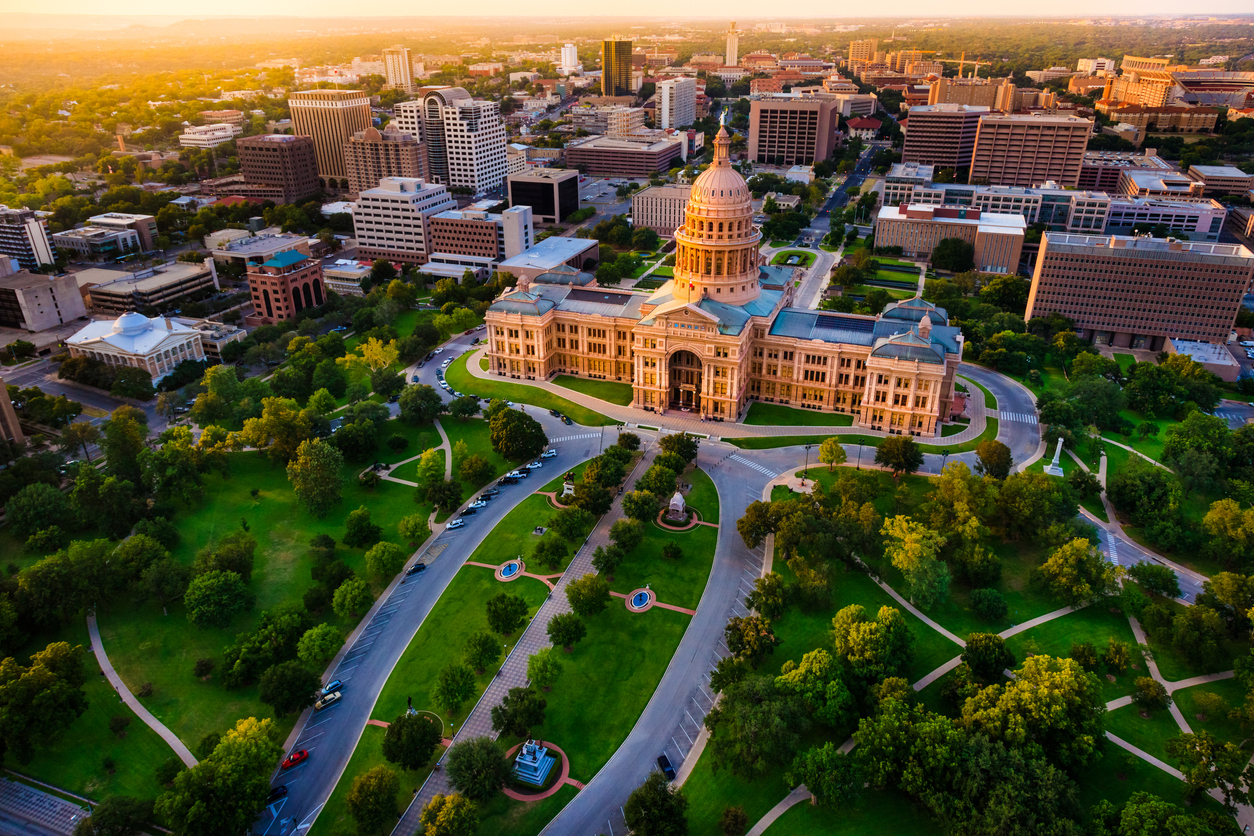 Capitol building, aerial skyline, sunset, Austin, TX,  Texas State Capital