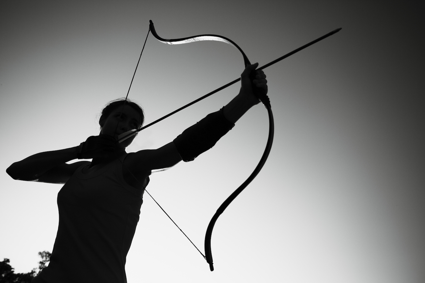 Female archer in the field at sunset