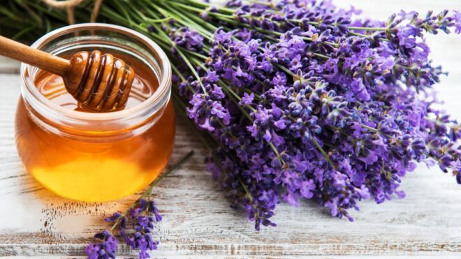 Jar with honey and fresh lavender flowers on a white wooden table