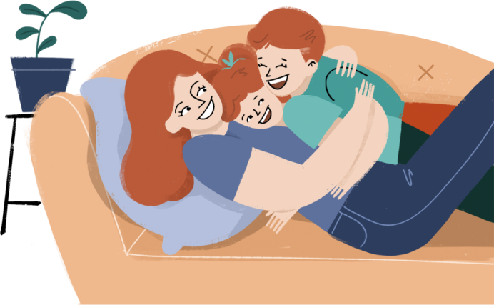 Illustration of kids with mom on couch