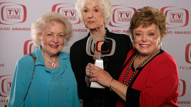 From left to right: "The Golden Girls" actresses Betty White, Beatrice Arthur and Rue McClanahan, winners of the "Pop Culture" award, pose for a portrait during the 6th annual "TV Land Awards" held at Barker Hangar on June 8, 2008, in Santa Monica, California. (Todd Williamson/Getty Images for TV Land/TNS)