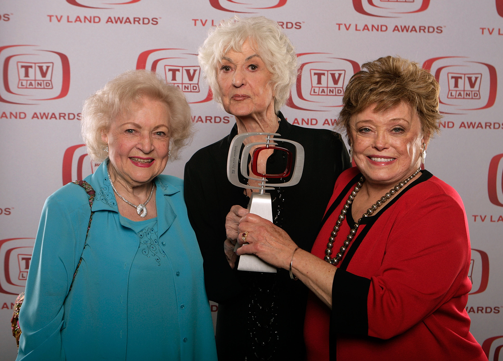 From left to right: "The Golden Girls" actresses Betty White, Beatrice Arthur and Rue McClanahan, winners of the "Pop Culture" award, pose for a portrait during the 6th annual "TV Land Awards" held at Barker Hangar on June 8, 2008, in Santa Monica, California. (Todd Williamson/Getty Images for TV Land/TNS)