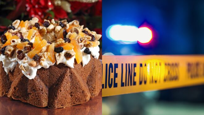 Christmas cake; police tape