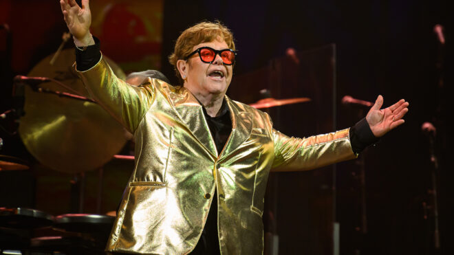 Elton John performs during the Glastonbury Festival on June 25, 2023, in Glastonbury, England. (Leon Neal/Getty Images/TNS)