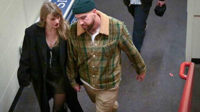 Taylor Swift and Travis Kelce talk as they leave after the Buffalo Bills defeated the Kansas City Chiefs, 20-17, on Sunday, Dec. 10, 2023, at GEHA Field at Arrowhead Stadium in Kansas City. (Tammy Ljungblad/Kansas City Star/TNS)