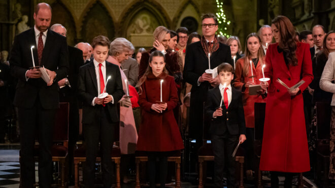 LONDON, ENGLAND - DECEMBER 6: The Prince of Wales, Prince George, Princess Charlotte, Prince Louis and Catherine, Princess of Wales during the 'Together At Christmas' Carol Service at Westminster Abbey on December 6, 2024 in London, England. The Prince and Princess of Wales, along with other members of the Royal Family, attended the annual carol service. Led by The Princess and supported by The Royal Foundation, the event offered a chance to pause and reflect on the profound values of love, compassion, and the vital connections we share—particularly during life's most challenging moments. The service also highlighted remarkable individuals from across the UK who have demonstrated extraordinary kindness, empathy, and support within their communities. (Photo by Aaron Chown - WPA Pool/Getty Images)