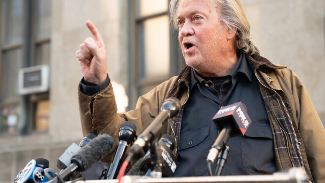 Steve Bannon speaks to the media as he leaves Manhattan Supreme Court on Nov. 12, 2024. (Barry Williams/New York Daily News/TNS)