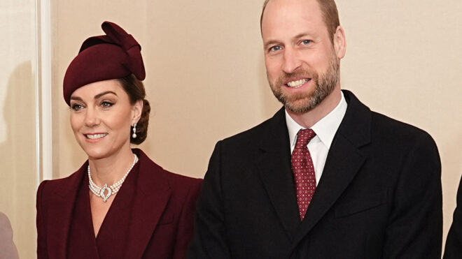 Britain's Prince William, Prince of Wales, and his wife Britain's Catherine, Princess of Wales, greet Qatar's Emir and his wife (not seen) at their residence in London on Dec. 3, 2024, on the first day of their two-day State Visit to Britain. (Aaron Chown/Pool/AFP via Getty Images/TNS)