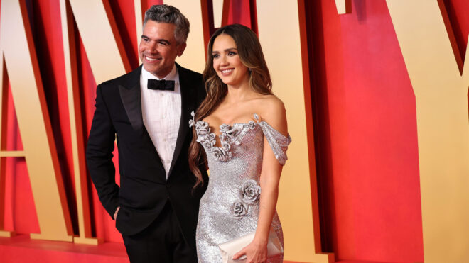 Cash Warren, left, and Jessica Alba attend the 2024 Vanity Fair Oscar Party Hosted By Radhika Jones at Wallis Annenberg Center for the Performing Arts on March 10, 2024, in Beverly Hills, California. (Amy Sussman/Getty Images/TNS)