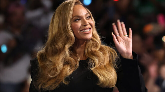 Recording artist Beyonce looks on during a campaign rally with Democratic presidential nominee, U.S. Vice President Kamala Harris, at Shell Energy Stadium on Oct. 25, 2024, in Houston, Texas. (Justin Sullivan/Getty Images/TNS)