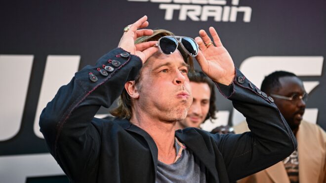 Brad Pitt reacts during a preview of the film "Bullet Train" in Paris on July 18, 2022. (Christophe Archambault/AFP via Getty Images/TNS)