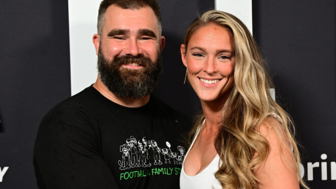 PHILADELPHIA, PENNSYLVANIA - SEPTEMBER 08: (L-R) Jason Kelce and Kylie Kelce attend Thursday Night Football Presents The World Premiere of "Kelce" on September 08, 2023 in Philadelphia, Pennsylvania. (Photo by Lisa Lake/Getty Images for Prime Video)