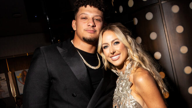 Patrick Mahomes and Brittany Mahomes at the Sports Illustrated Swim Issue Launch Party held at the Hard Rock Hotel on May 16, 2024 in New York, New York. (Photo by Lexie Moreland/WWD via Getty Images)