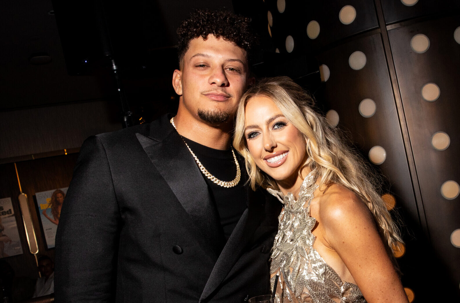 Patrick Mahomes and Brittany Mahomes at the Sports Illustrated Swim Issue Launch Party held at the Hard Rock Hotel on May 16, 2024 in New York, New York. (Photo by Lexie Moreland/WWD via Getty Images)