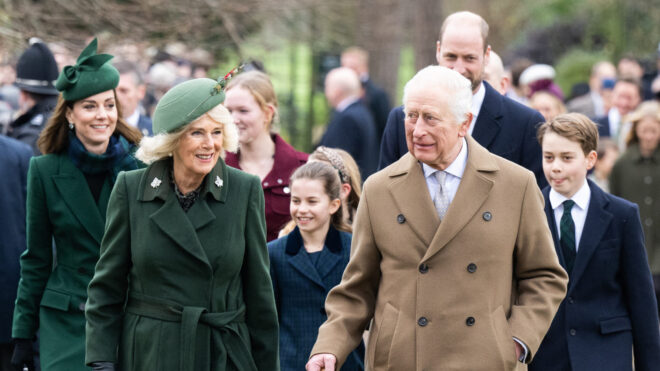 SANDRINGHAM, NORFOLK - DECEMBER 25: Catherine, Princess of Wales, Queen Camilla, Princess Charlotte of Wales, King Charles III, Prince William, Prince of Wales and Prince George of Wales attend the Christmas Morning Service at Sandringham Church on December 25, 2024 in Sandringham, Norfolk. (Photo by Samir Hussein/WireImage)