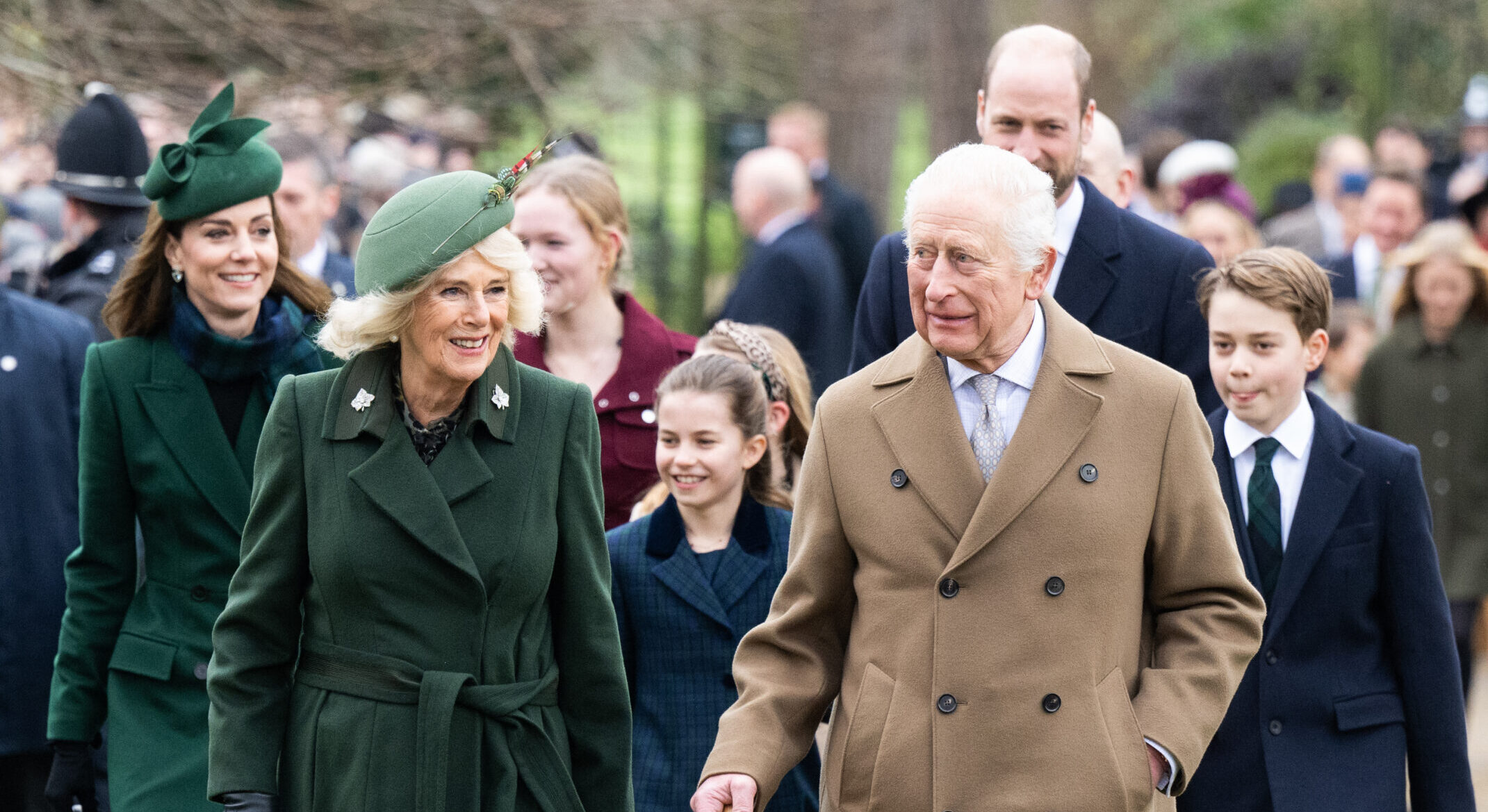 SANDRINGHAM, NORFOLK - DECEMBER 25: Catherine, Princess of Wales, Queen Camilla, Princess Charlotte of Wales, King Charles III, Prince William, Prince of Wales and Prince George of Wales attend the Christmas Morning Service at Sandringham Church on December 25, 2024 in Sandringham, Norfolk. (Photo by Samir Hussein/WireImage)