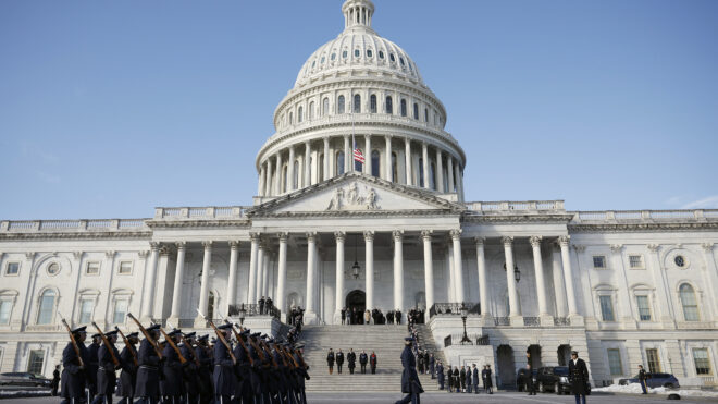 WASHINGTON, DC - JANUARY 12: Gunnery Sergeant Cecilia Kozlowski stand-in for Melania Trump, Master Sergeant Matthew Nall stand-in for President-elect Donald Trump, Musician Petty Officer 1st Class Nate Buttram stand-in for Vice President-elect Sen. JD Vance (R-OH) and Master Sergeant Matthew Nall stand-in for President-elect Donald Trump review troops during an inauguration rehearsal on the East Front of the U.S. Capitol on January 12, 2025 in Washington, DC. U.S. President-elect Donald Trump and Vice President-elect Sen. JD Vance (R-OH) will be sworn in on January 20. (Photo by Kevin Dietsch/Getty Images)