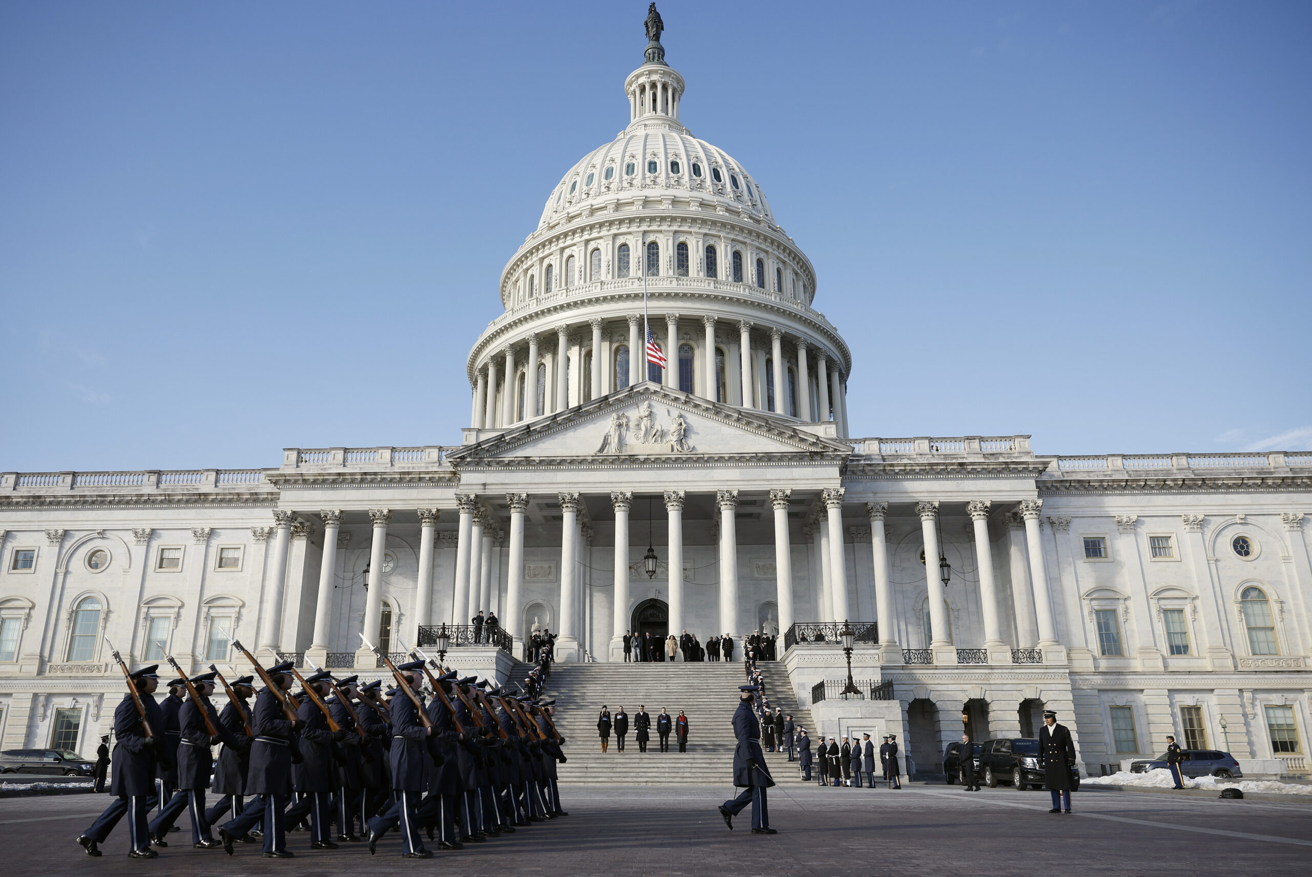 WASHINGTON, DC - JANUARY 12: Gunnery Sergeant Cecilia Kozlowski stand-in for Melania Trump, Master Sergeant Matthew Nall stand-in for President-elect Donald Trump, Musician Petty Officer 1st Class Nate Buttram stand-in for Vice President-elect Sen. JD Vance (R-OH) and Master Sergeant Matthew Nall stand-in for President-elect Donald Trump review troops during an inauguration rehearsal on the East Front of the U.S. Capitol on January 12, 2025 in Washington, DC. U.S. President-elect Donald Trump and Vice President-elect Sen. JD Vance (R-OH) will be sworn in on January 20. (Photo by Kevin Dietsch/Getty Images)