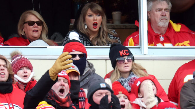 KANSAS CITY, MISSOURI - JANUARY 18: Singer-songwriter Taylor Swift reacts during the first quarter in the AFC Divisional Playoff between the Houston Texans and the Kansas City Chiefs at GEHA Field at Arrowhead Stadium on January 18, 2025 in Kansas City, Missouri. (Photo by Jamie Squire/Getty Images)