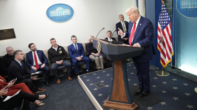 U.S. President Donald Trump speaks about a collision involving an American Airlines passenger jet and an Army helicopter during a press briefing at the White House in Washington, D.C., on Thursday, Jan. 30, 2025. (Yuri Gripas/Abaca Press/TNS)