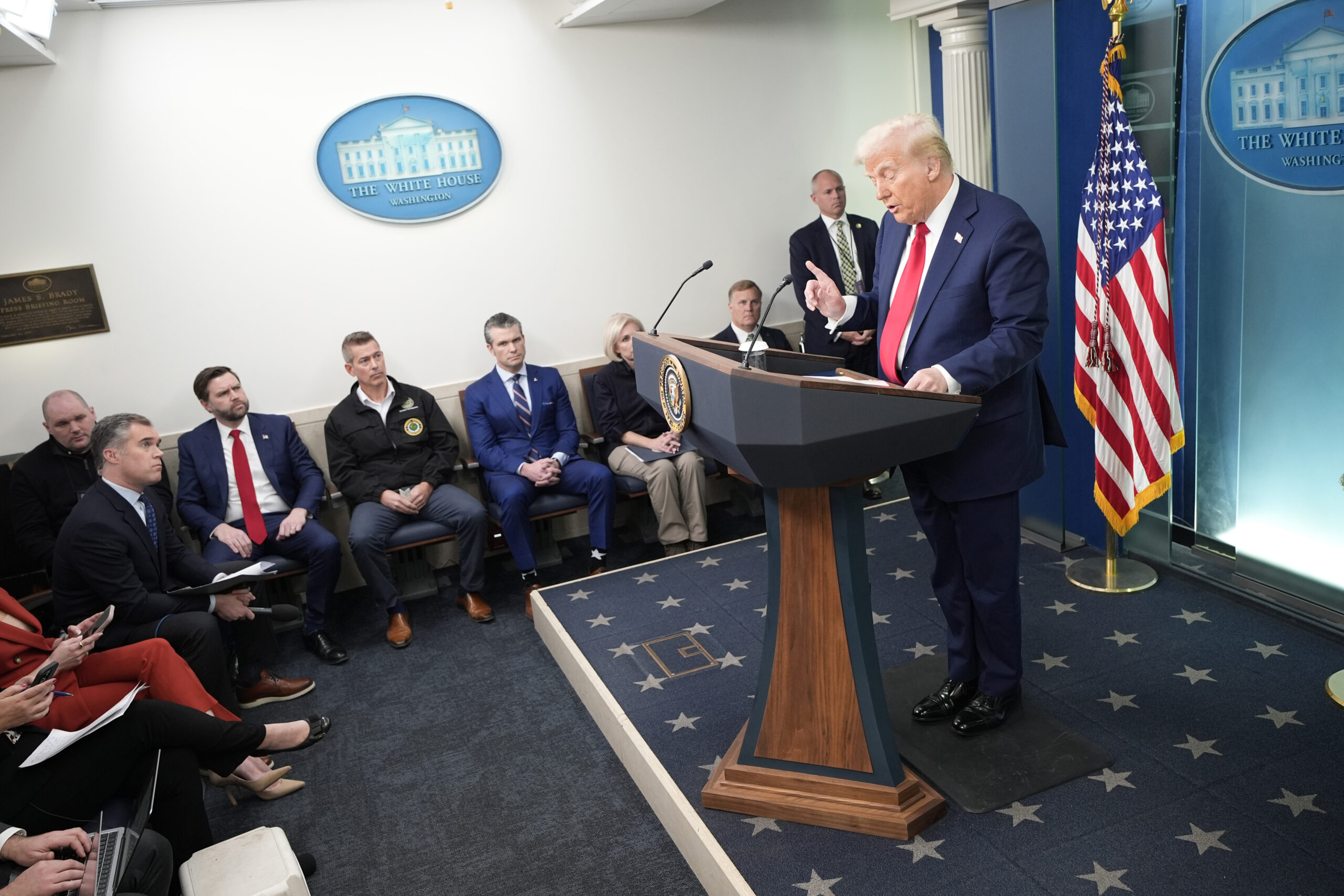 U.S. President Donald Trump speaks about a collision involving an American Airlines passenger jet and an Army helicopter during a press briefing at the White House in Washington, D.C., on Thursday, Jan. 30, 2025. (Yuri Gripas/Abaca Press/TNS)