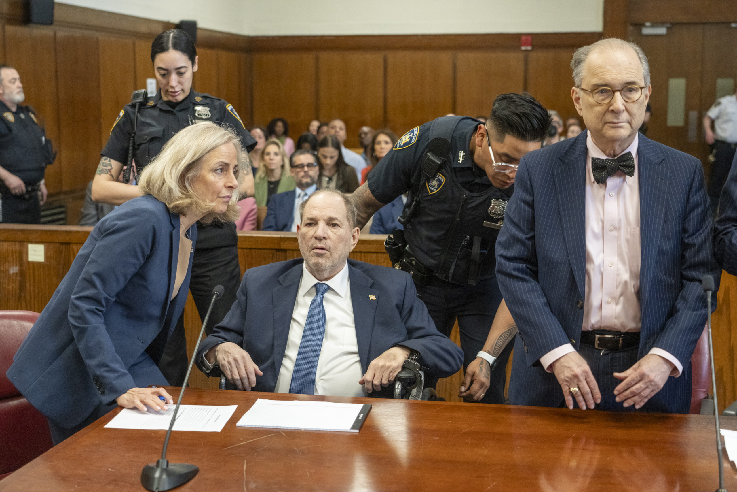 Former film producer Harvey Weinstein appears at a hearing in Manhattan Criminal Court on May 1, 2024, in New York City. It was his first public appearance since the New York State Court of Appeals overturned his 2020 rape conviction on April 25. (Steven Hirsch/Pool/Getty Images/TNS)