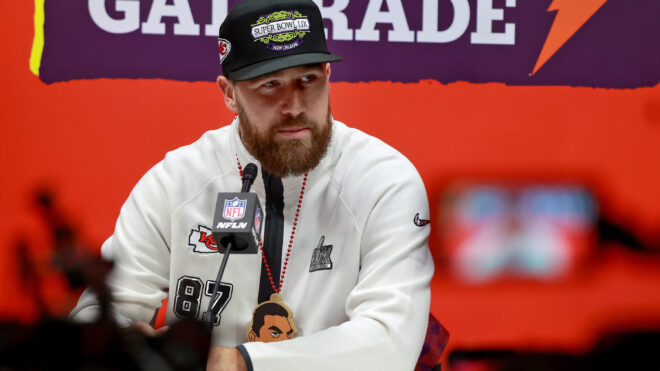 Kansas City Chiefs tight end Travis Kelce answers questions inside the Caesars Superdome during the Super Bowl opening night on Feb. 3, 2025, in New Orleans. (Michael DeMocker/Getty Images/TNS)