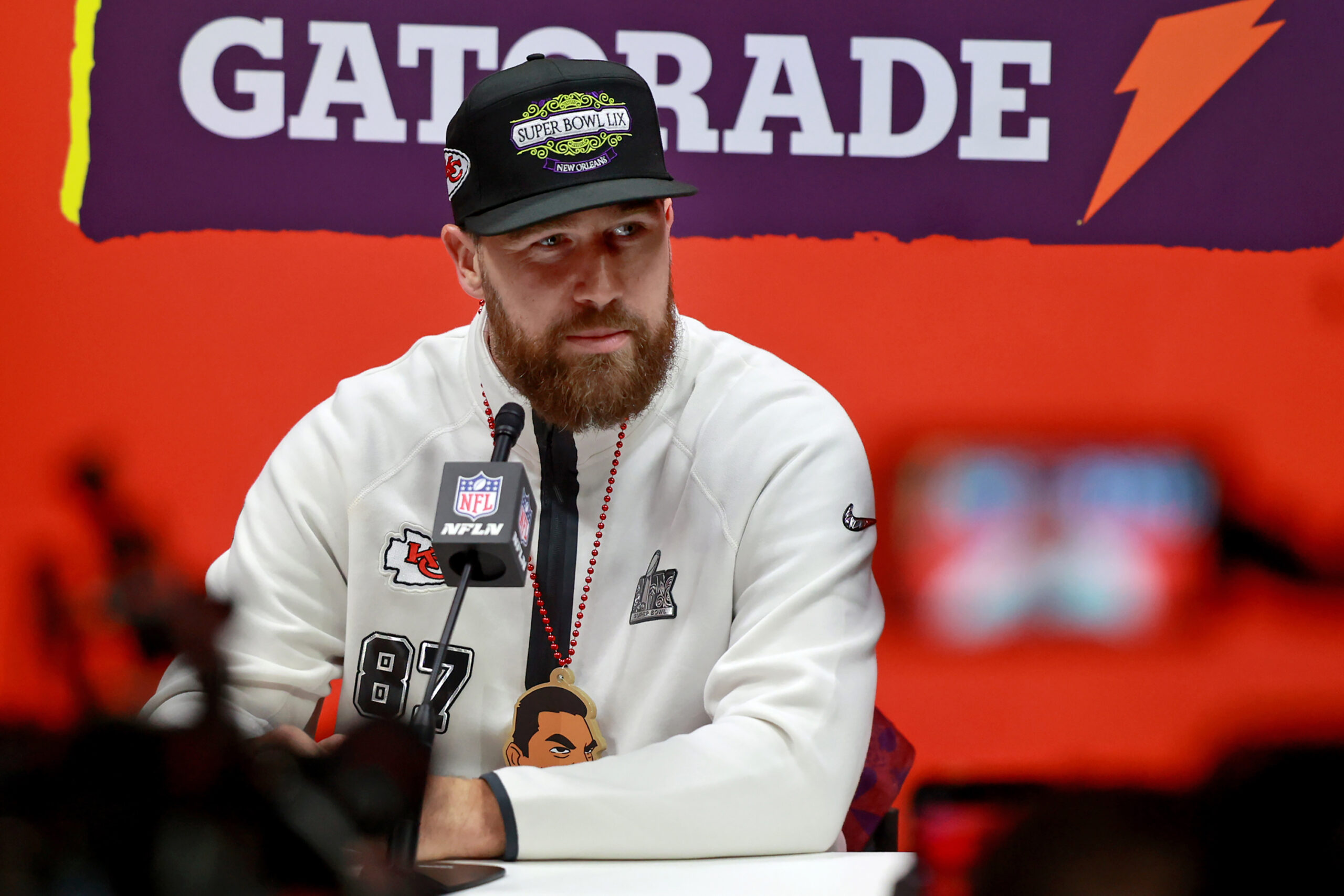 Kansas City Chiefs tight end Travis Kelce answers questions inside the Caesars Superdome during the Super Bowl opening night on Feb. 3, 2025, in New Orleans. (Michael DeMocker/Getty Images/TNS)