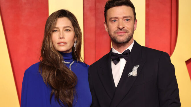 Jessica Biel, left, and Justin Timberlake attend the 2024 Vanity Fair Oscar Party Hosted By Radhika Jones at Wallis Annenberg Center for the Performing Arts on March 10, 2024, in Beverly Hills, California. (Amy Sussman/Getty Images/TNS)