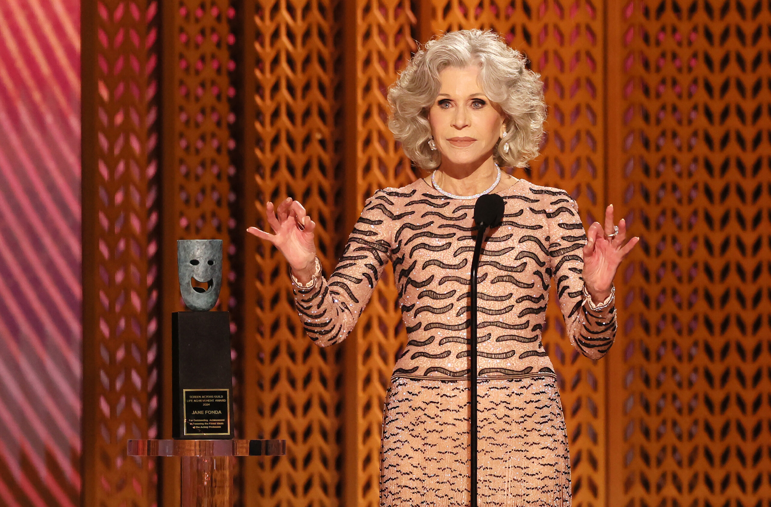 Jane Fonda receives the lifetime achievement award at the 31st Screen Actors Guild Awards in Shrine Auditorium and Expo Hall in Los Angeles, Sunday, Feb. 23, 2025. (Robert Gauthier/Los Angeles Times/TNS)