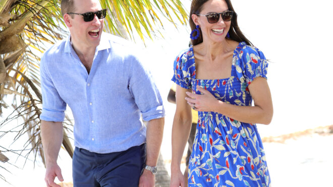 UNSPECIFIED, BELIZE - MARCH 20: Catherine, Duchess of Cambridge and Prince William, Duke of Cambridge on the Beach after a Garifuna Festival on the second day of a Platinum Jubilee Royal Tour of the Caribbean on March 20, 2022 in Hopkins, Belize. The Duke and Duchess of Cambridge are visiting Belize, Jamaica and The Bahamas on their week long tour. (Photo by Chris Jackson/Getty Images)