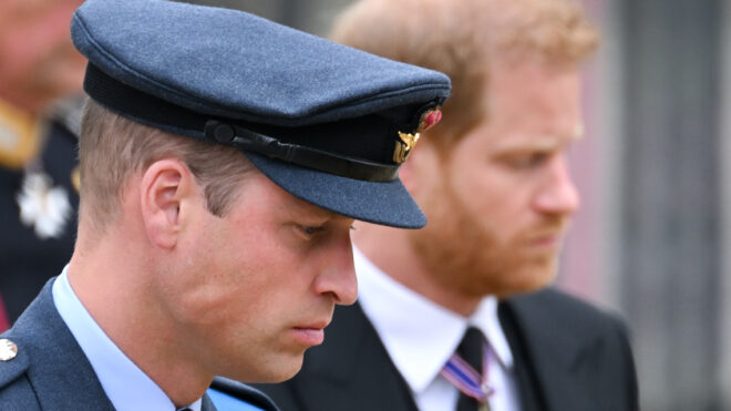 LONDON, ENGLAND - SEPTEMBER 19: Prince William, Prince of Wales and Prince Harry, Duke of Sussex during the State Funeral of Queen Elizabeth II at Westminster Abbey on September 19, 2022 in London, England. Elizabeth Alexandra Mary Windsor was born in Bruton Street, Mayfair, London on 21 April 1926. She married Prince Philip in 1947 and ascended the throne of the United Kingdom and Commonwealth on 6 February 1952 after the death of her Father, King George VI. Queen Elizabeth II died at Balmoral Castle in Scotland on September 8, 2022, and is succeeded by her eldest son, King Charles III. (Photo by Karwai Tang/WireImage)