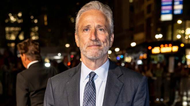 NEW YORK, NEW YORK - SEPTEMBER 26: Jon Stewart is seen arriving to the Clooney Foundation for Justice's The Albies at New York Public Library on September 26, 2024 in New York City. (Photo by Gilbert Carrasquillo/GC Images)