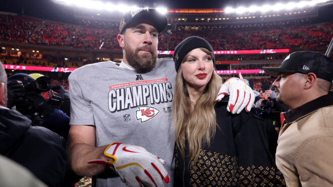 KANSAS CITY, MISSOURI - JANUARY 26: Taylor Swift celebrates with Travis Kelce #87 of the Kansas City Chiefs after defeating the Buffalo Bills 32-29 in the AFC Championship Game at GEHA Field at Arrowhead Stadium on January 26, 2025 in Kansas City, Missouri. (Photo by Jamie Squire/Getty Images)