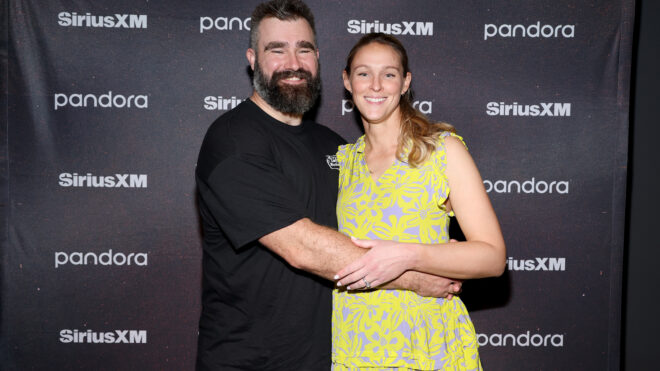 NEW ORLEANS, LOUISIANA - FEBRUARY 06: (L-R) Jason Kelce and Kylie Kelce attend Chris Stapleton's Performance Live From The Fillmore New Orleans for SiriusXM and Pandora on February 06, 2025 in New Orleans, Louisiana. (Photo by Mike Coppola/Getty Images for SiriusXM)