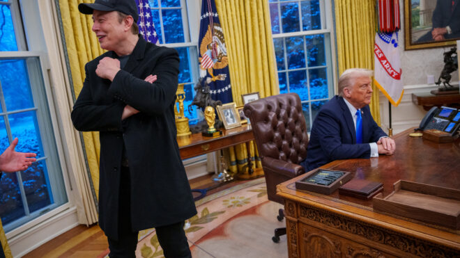 WASHINGTON, DC - FEBRUARY 11: Tesla and SpaceX CEO Elon Musk and U.S. President Donald Trump appear during an executive order signing in the Oval Office at the White House on February 11, 2025 in Washington, DC. Trump is to sign an executive order implementing the Department of Government Efficiency's (DOGE) "workforce optimization initiative," which, according to Trump, will encourage agencies to limit hiring and reduce the size of the federal government. (Photo by Andrew Harnik/Getty Images)