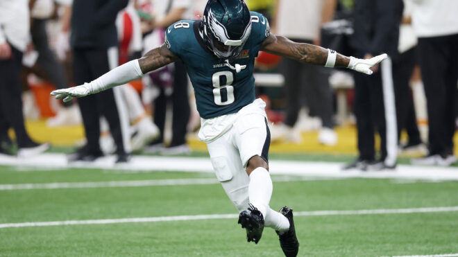 NEW ORLEANS, LOUISIANA - FEBRUARY 09: C.J. Gardner-Johnson #8 of the Philadelphia Eagles celebrates in the third quarter against the Kansas City Chiefs during Super Bowl LIX at Caesars Superdome on February 09, 2025 in New Orleans, Louisiana. (Photo by Emilee Chinn/Getty Images)