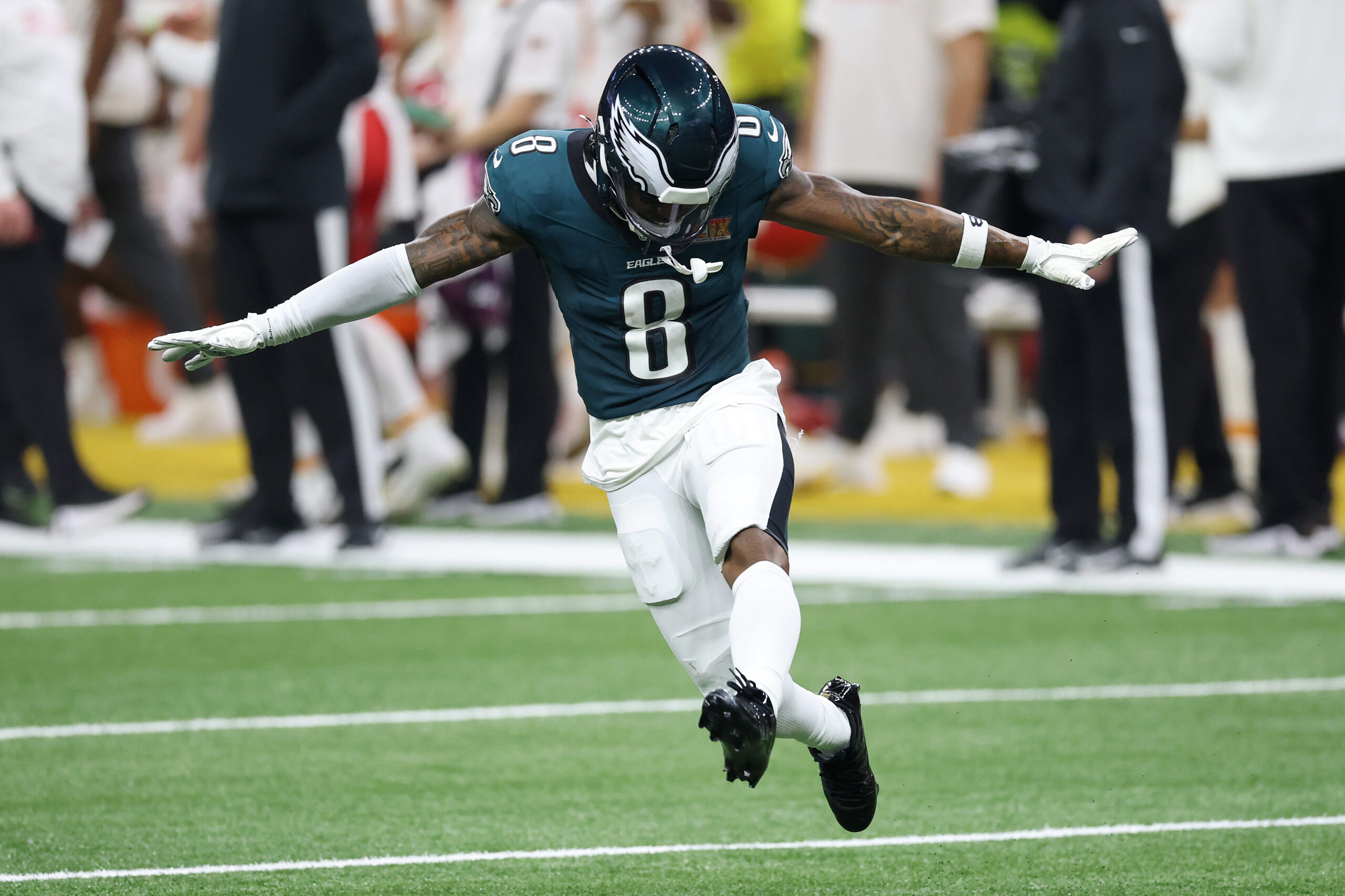 NEW ORLEANS, LOUISIANA - FEBRUARY 09: C.J. Gardner-Johnson #8 of the Philadelphia Eagles celebrates in the third quarter against the Kansas City Chiefs during Super Bowl LIX at Caesars Superdome on February 09, 2025 in New Orleans, Louisiana. (Photo by Emilee Chinn/Getty Images)