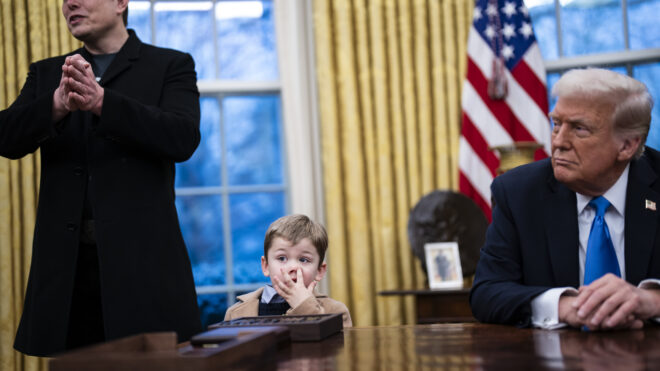 Washington, DC - February 11 : Elon Musk, with his son X Æ A-Xii, speaks with President Donald J Trump and reporters in the Oval Office at the White House on Tuesday, Feb 11, 2025 in Washington, DC. (Photo by Jabin Botsford/The Washington Post via Getty Images)