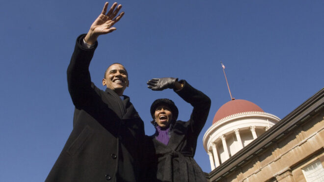 Then-U.S. Sen. Barack Obama and his wife, Michelle, wave after he announced his candidacy for president on Feb. 10, 2007, at the Old State Capitol in Springfield, Illinois. (Pete Souza/Chicago Tribune/TNS)