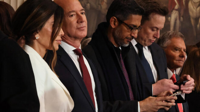 Lauren Sanchez, Founder of Amazon and Blue Origin Jeff Bezos, CEO of Google Sundar Pichai and Tesla, SpaceX and X CEO Elon Musk attend the inauguration of U.S. President-elect Donald Trump in the Rotunda of the U.S. Capitol on Monday, Jan. 20, 2025, in Washington, D.C. (Chip Somodevilla/CNP/ZUMA Press/TNS)