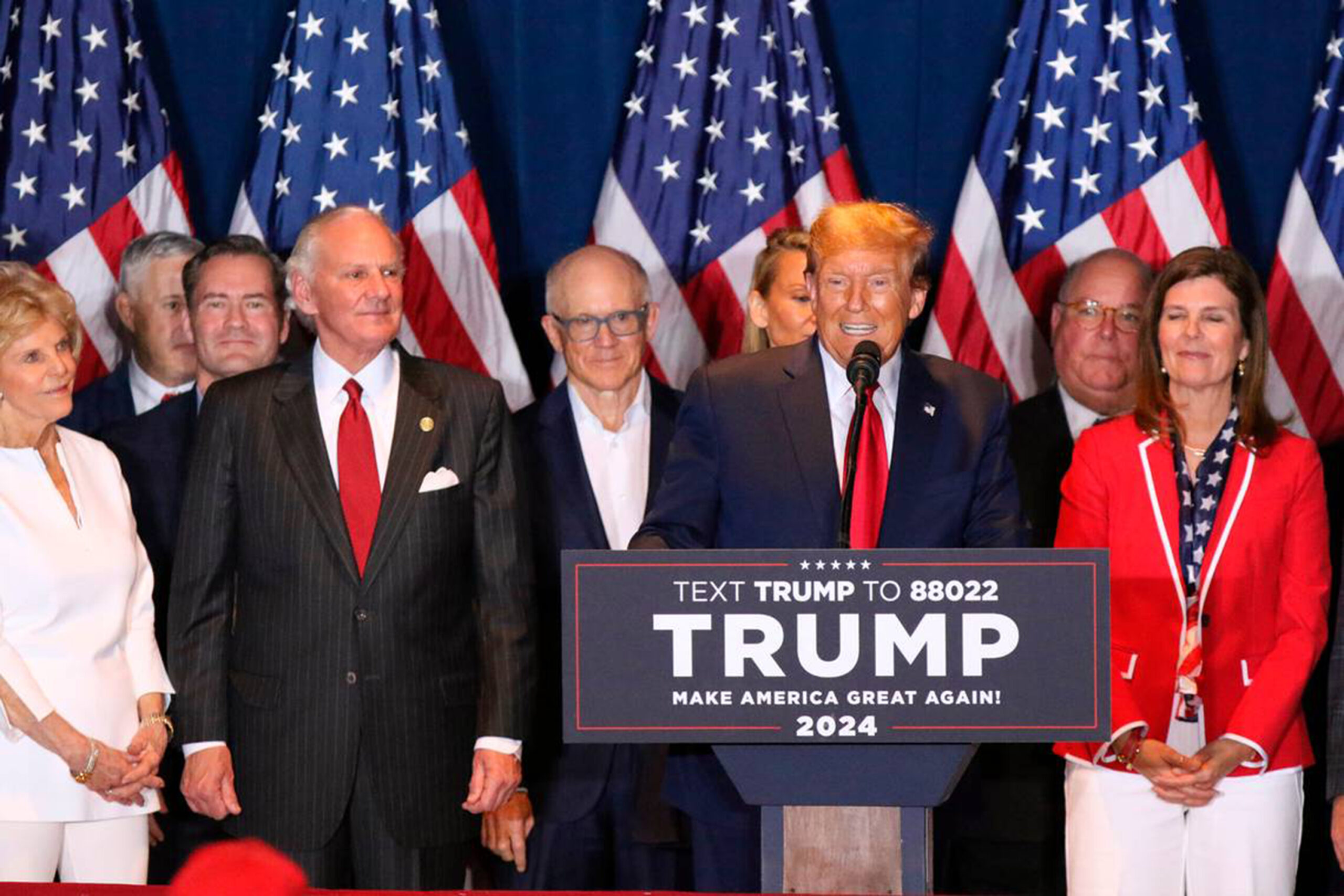 Donald Trump speaks to a crowd gathered at the South Carolina State Fairgrounds on Saturday, Feb. 24, 2024. (Tracy Glantz/The State/TNS)